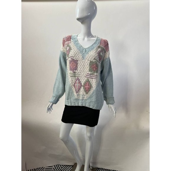 Vintage Huntington Ridge Womens Pullover Sweater Blue V Neck Chunky Hand Knit M - Picture 7 of 12